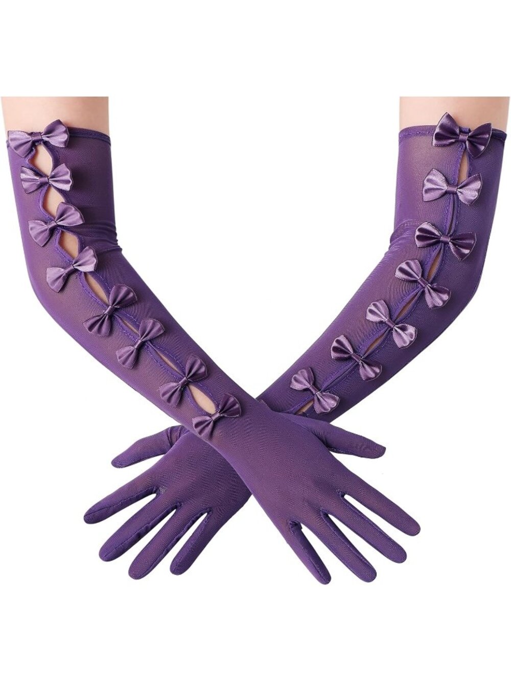 Women Purple Long Tulle Mesh Opera 1920s Flapper Cutout Ribbon Bows Lace Gloves